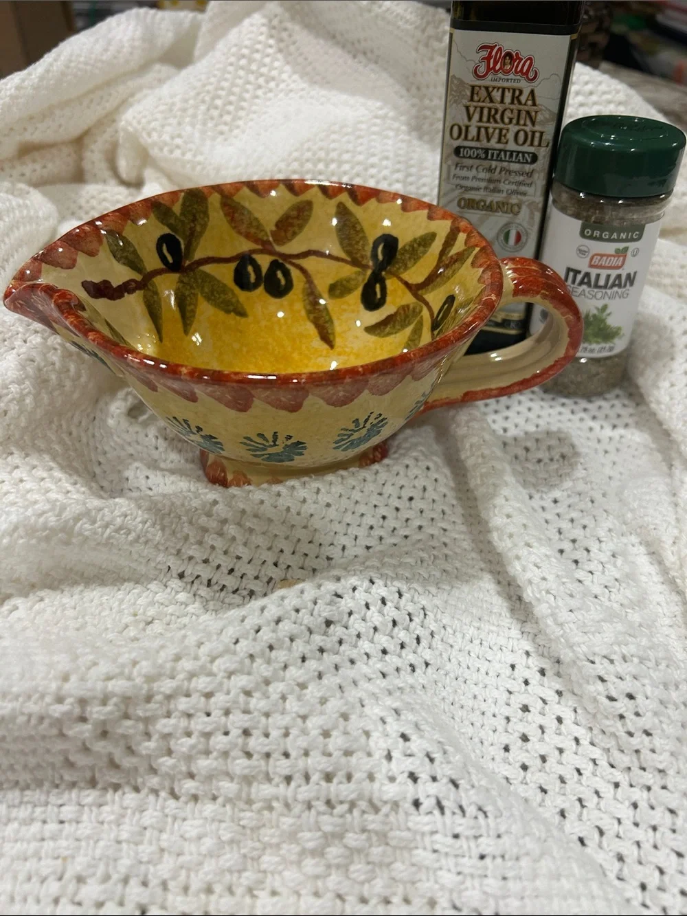 Italian Ceramic Dish with Pour Spout Handpainted in Italy Tomato and Olive
